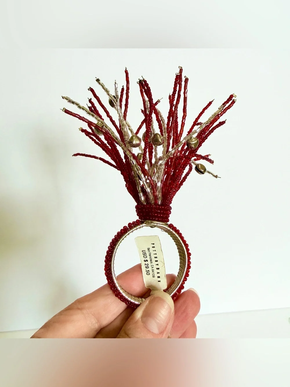 NWT Pottery Barn Red & Silver Beaded Jingle Bell Tassel Napkin Rings Set of 4